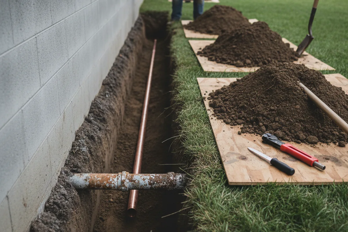 Excavated water line trench during Sewer Line Repair in Saint Marys